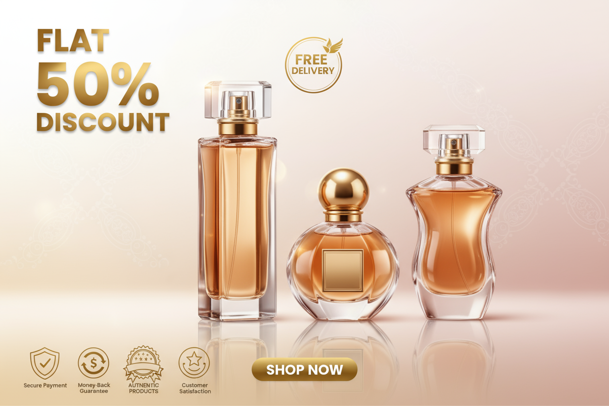 create template of fragrances and perfumes products and mention flat 50% Discount and free Delivery and also mention trust badge and shop now button below